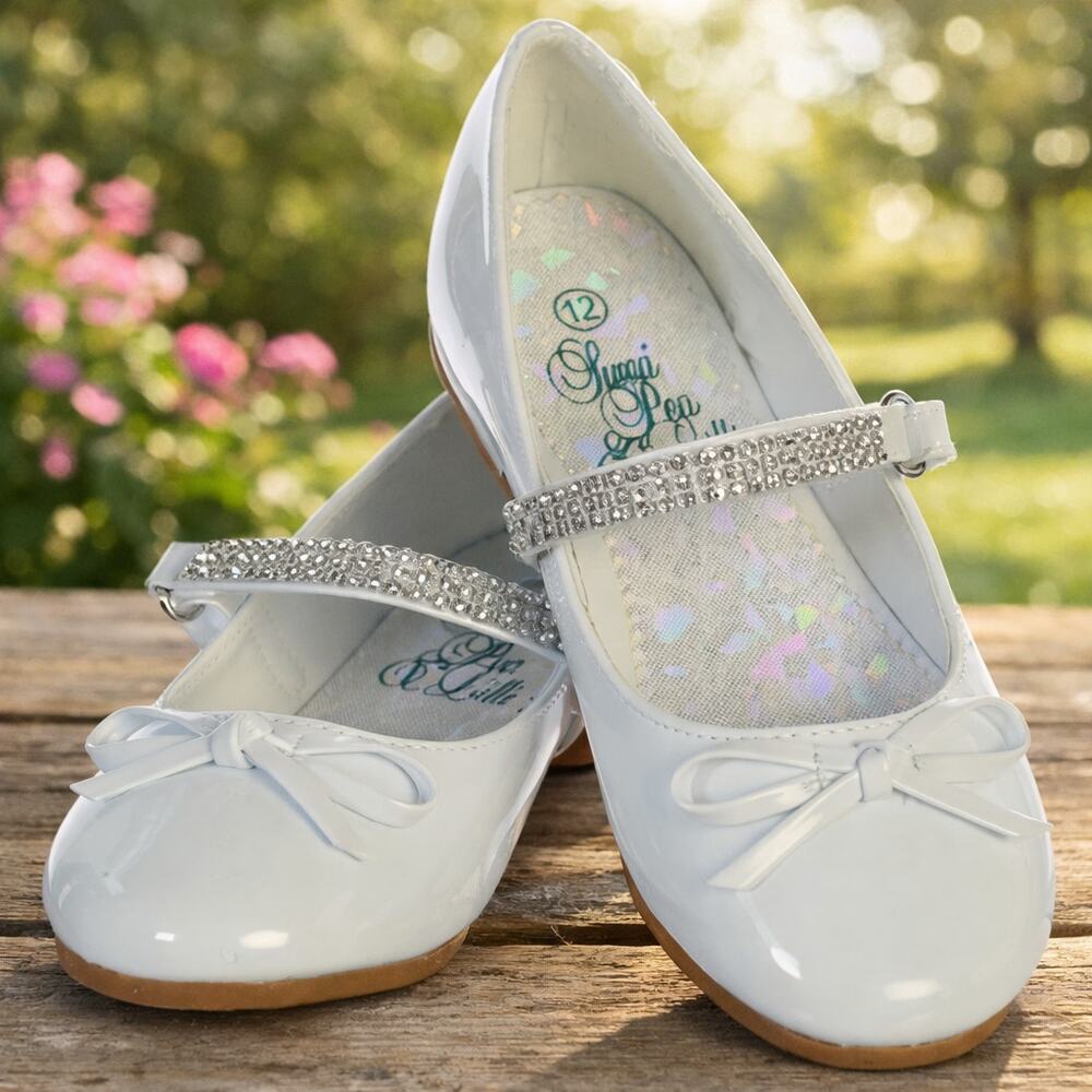 NEW Girl's Communion Dress Shoe - White/Patent Flat Shoe Rhinestone Strap-Size 1